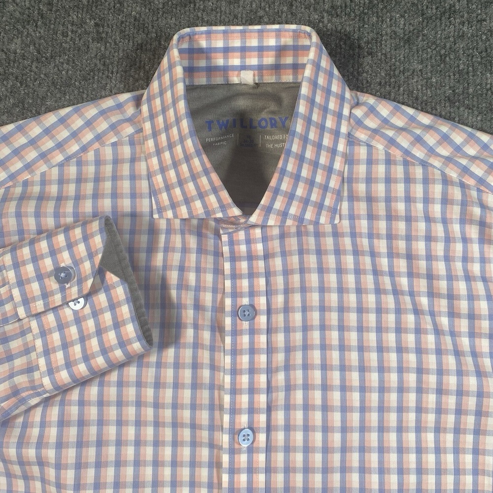 Twillory Mens Size 15 34/35 Tailored Fit Gingham Check Performance Fabric Shirt